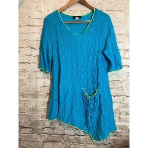 Yushi Lagenlook Top Womens Large Turquoise Crinkled Asymmetric Hem‎ Artsy Tunic